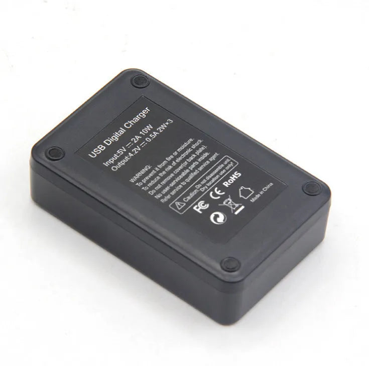 Vertical USB charger for digital camera, black, three slots, Micro-USB input, anti-slip base