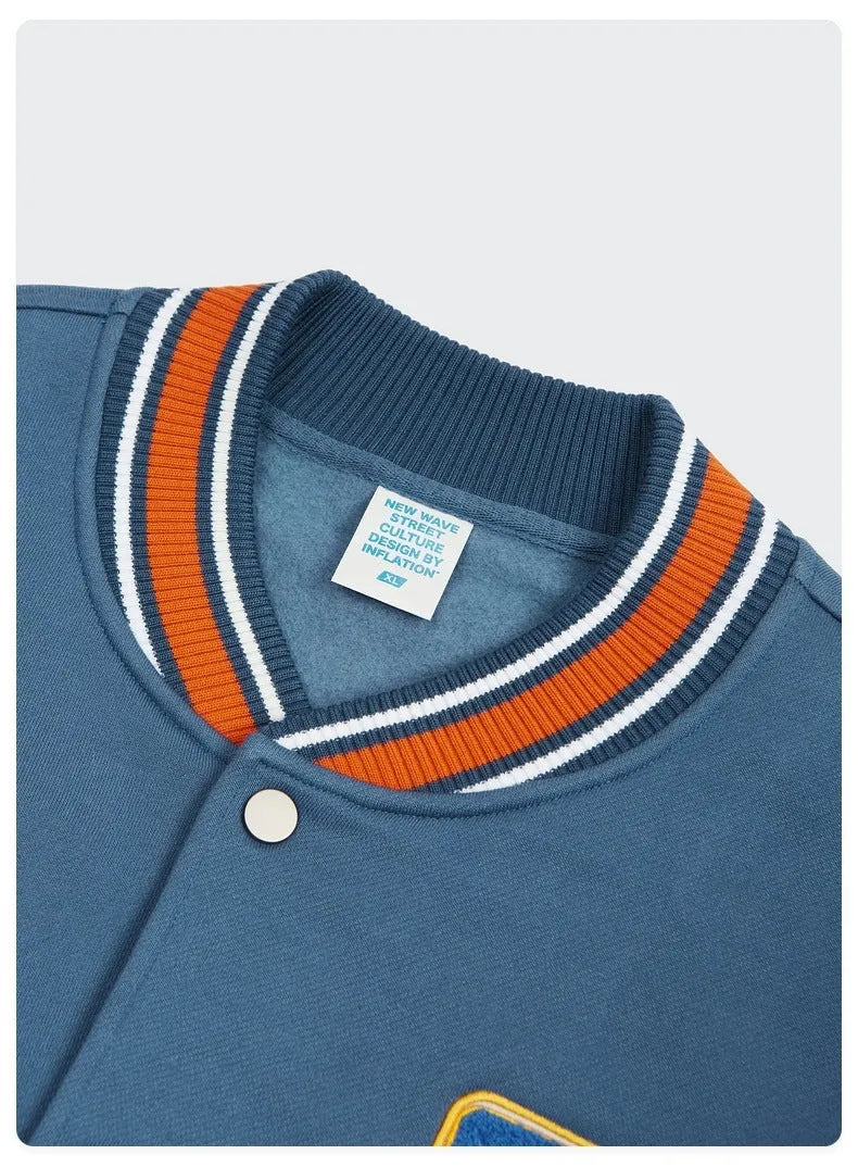 Blue varsity baseball uniform jacket with stand-up collar, single-breasted front, and loose fit, sizes S to XL