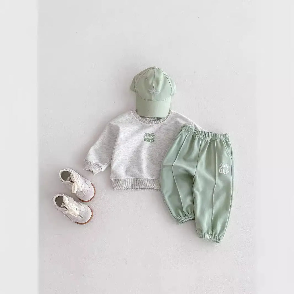 Cotton children's sports suit set with lettered sweater and ankle banded pants in Flower Gray colour