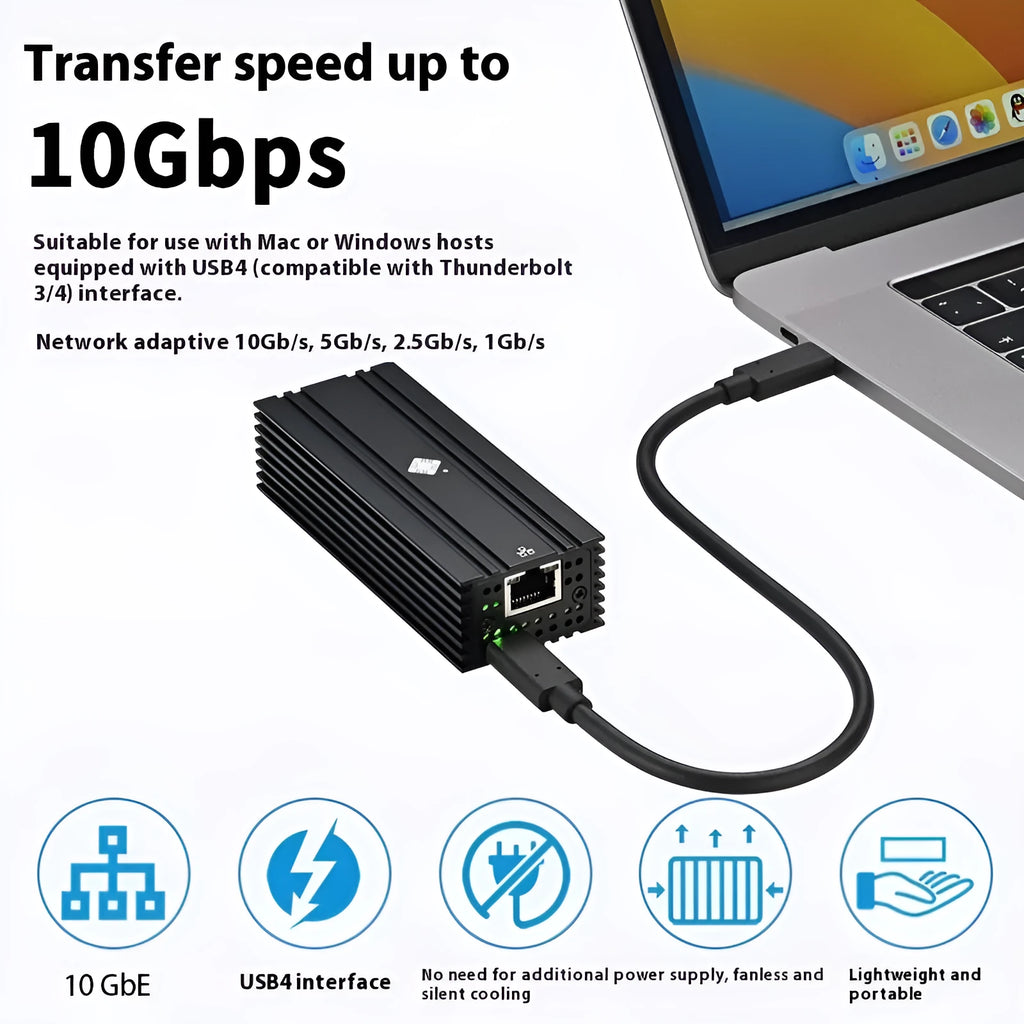Black USB4 network adapter with RJ45 Ethernet port and 20cm cable for Thunderbolt 3/4 devices