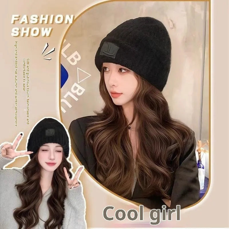 Hat wig for big heads with big wave style in brown black colour, protein filament material
