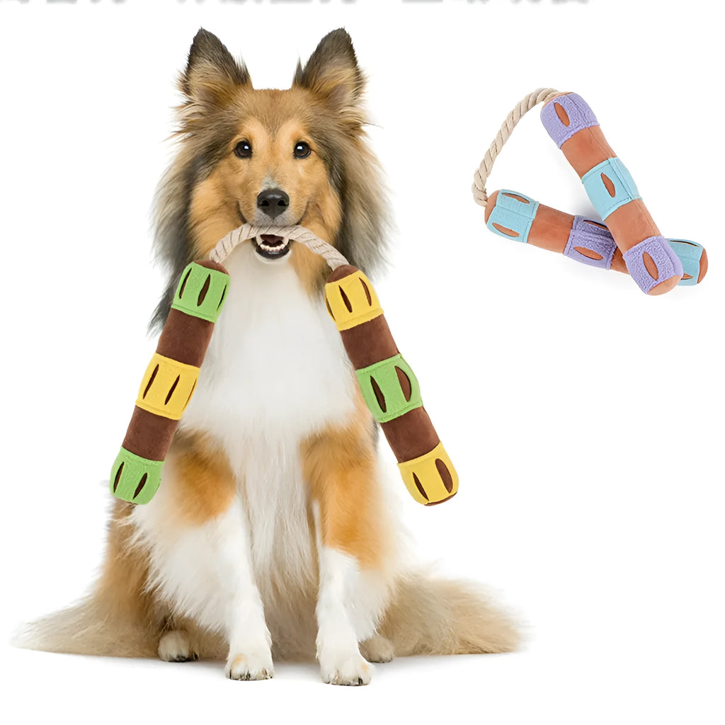 Purple and yellow plush dog snuffle mat toy for slow feeding and interactive puzzle play