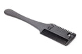 Razor comb for dogs and cats showing comb teeth and integrated trimming blade with packet of replacement blades.