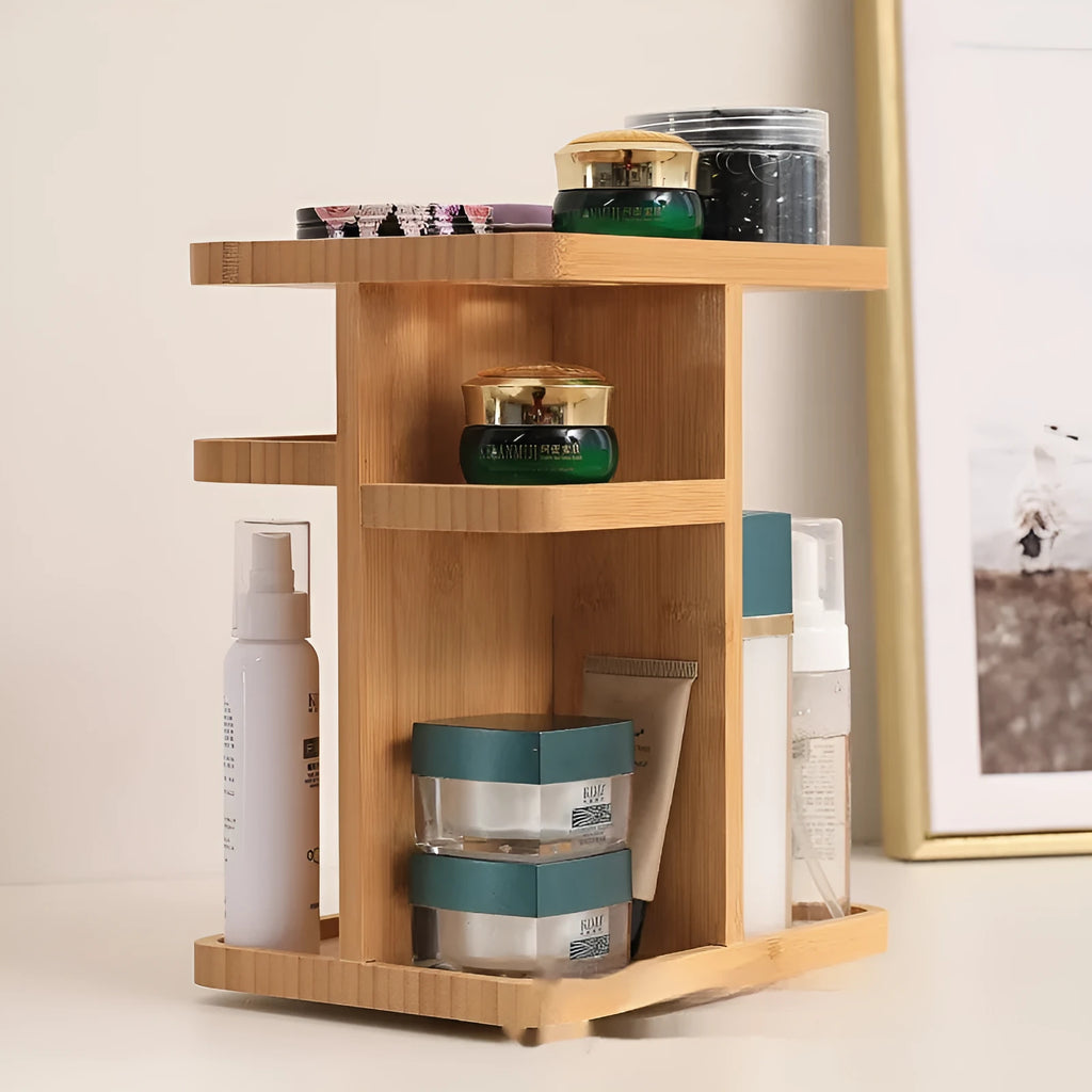 Natural bamboo rotating storage rack with multi-layer grid shelves for home organisation