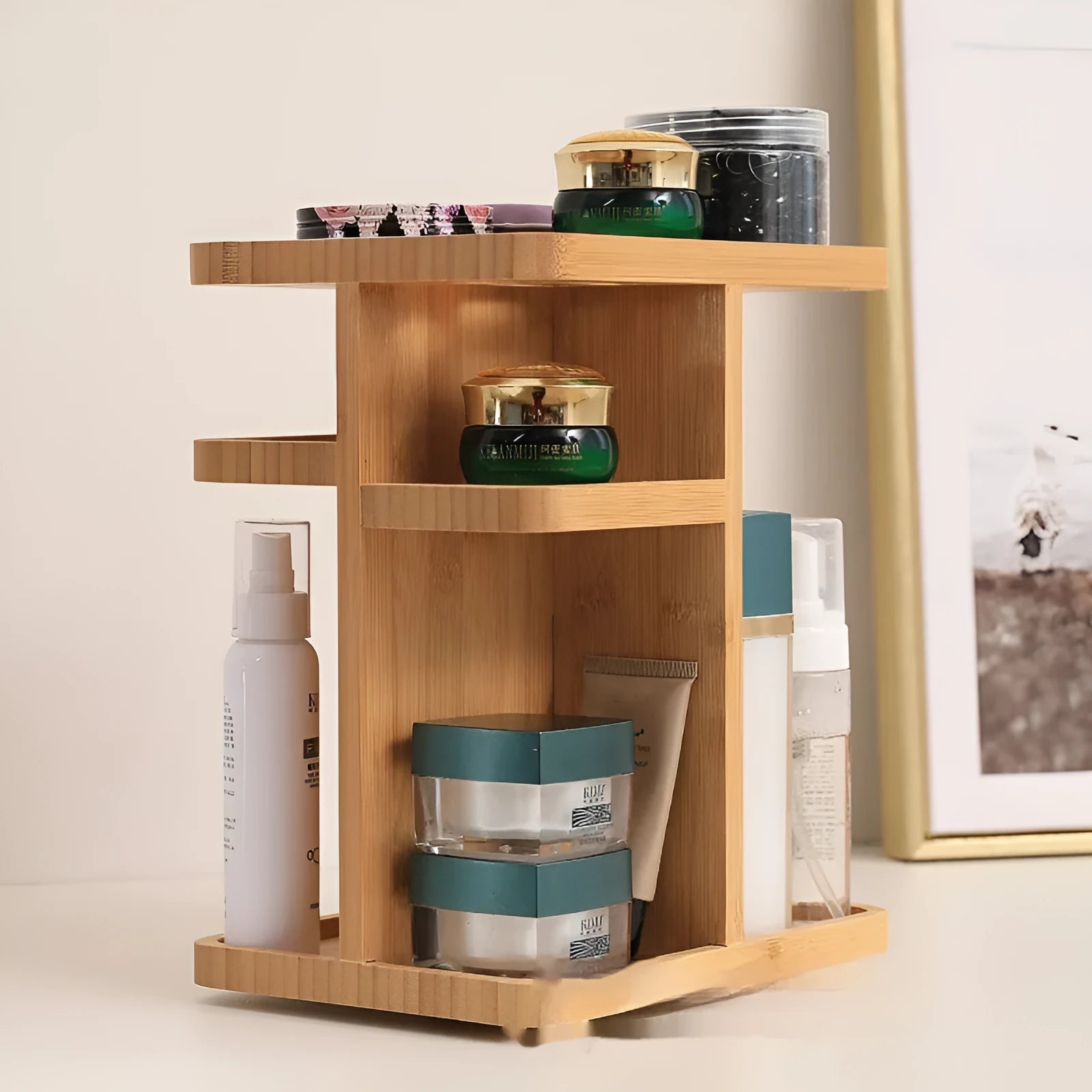 Natural bamboo rotating storage rack with multi-layer grid shelves for home organisation