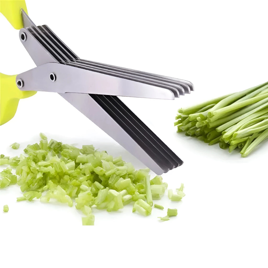Green multi-layer stainless steel kitchen scissors for cutting herbs and green onions.