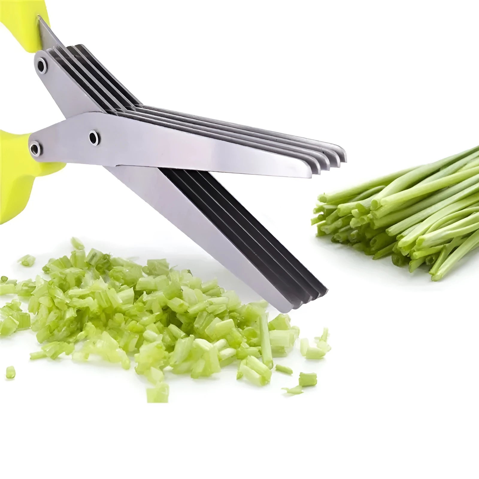 Green multi-layer stainless steel kitchen scissors for cutting herbs and green onions.