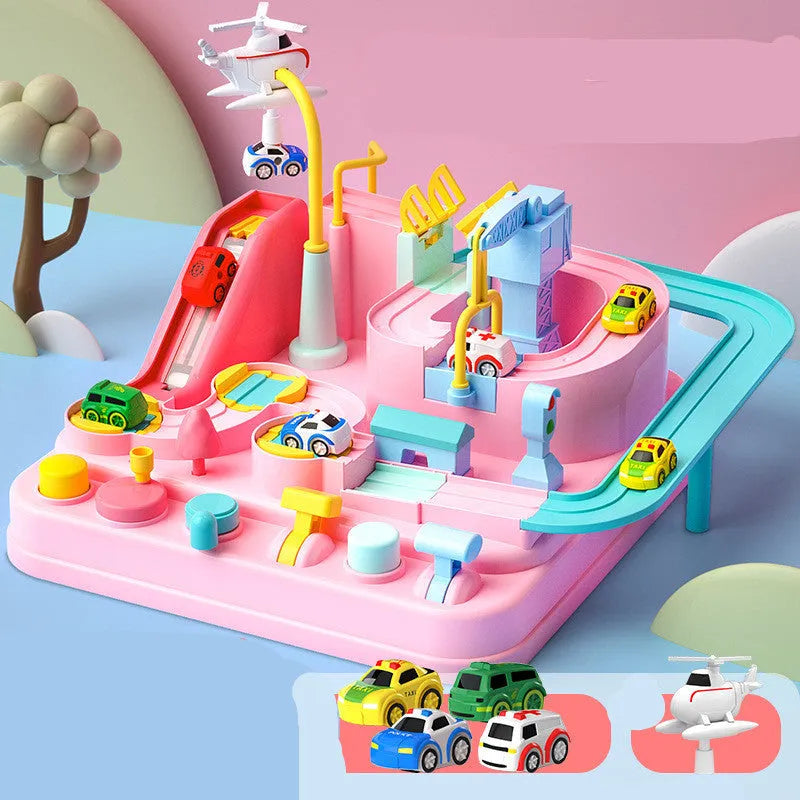Parking lot rail car toy track set with plastic trolley cars and handle control system