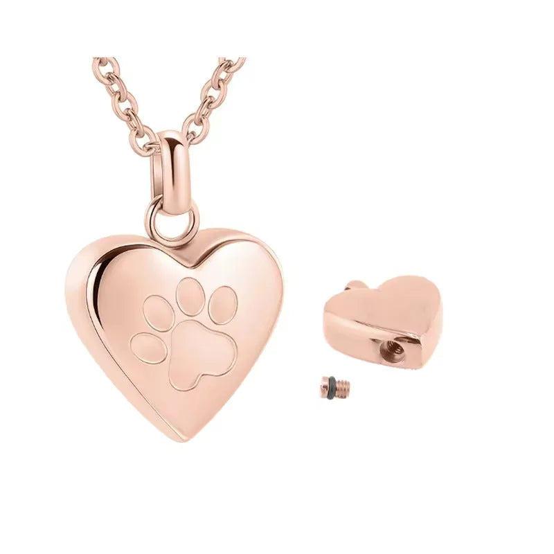 Simple openable heart pendant necklace with paw print, made from polished titanium steel for ashes.