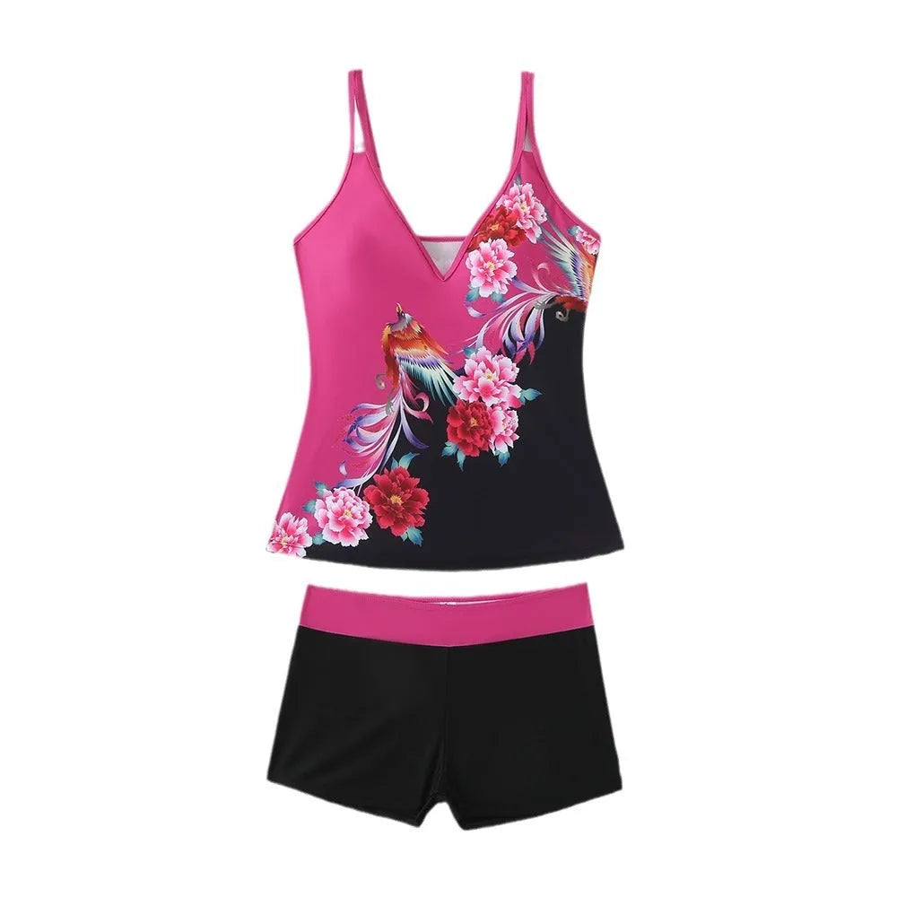Plus size women's swimsuit set with brief-style top and matching swim shorts in black or rose red