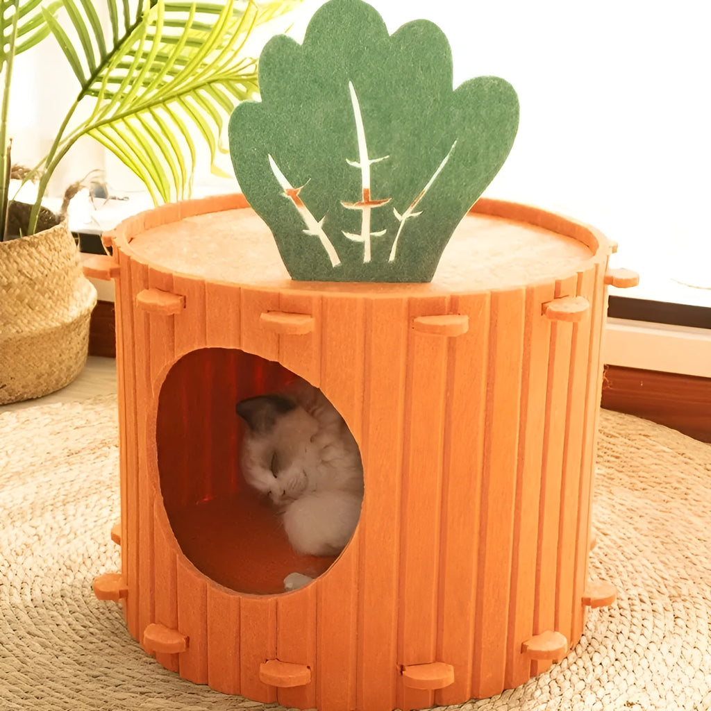 Orange carrot-shaped felt cat bed tunnel with entrance hole, shown in medium and large sizes.