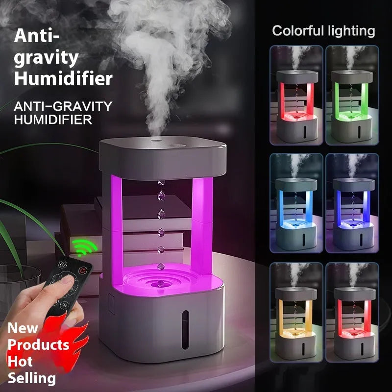 Anti-gravity water drop humidifier 580ml USB mist spray, 12.5 x 23.5cm, white or coloured light