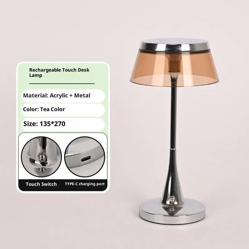 Aluminium acrylic rechargeable touch-dimming LED table lamp D13.5 H27cm in grey shade with USB charging cable