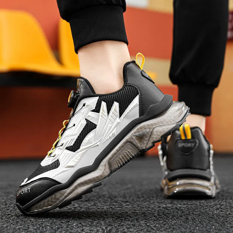 Men's black casual shoes with rotating button fastening and a low platform sole.