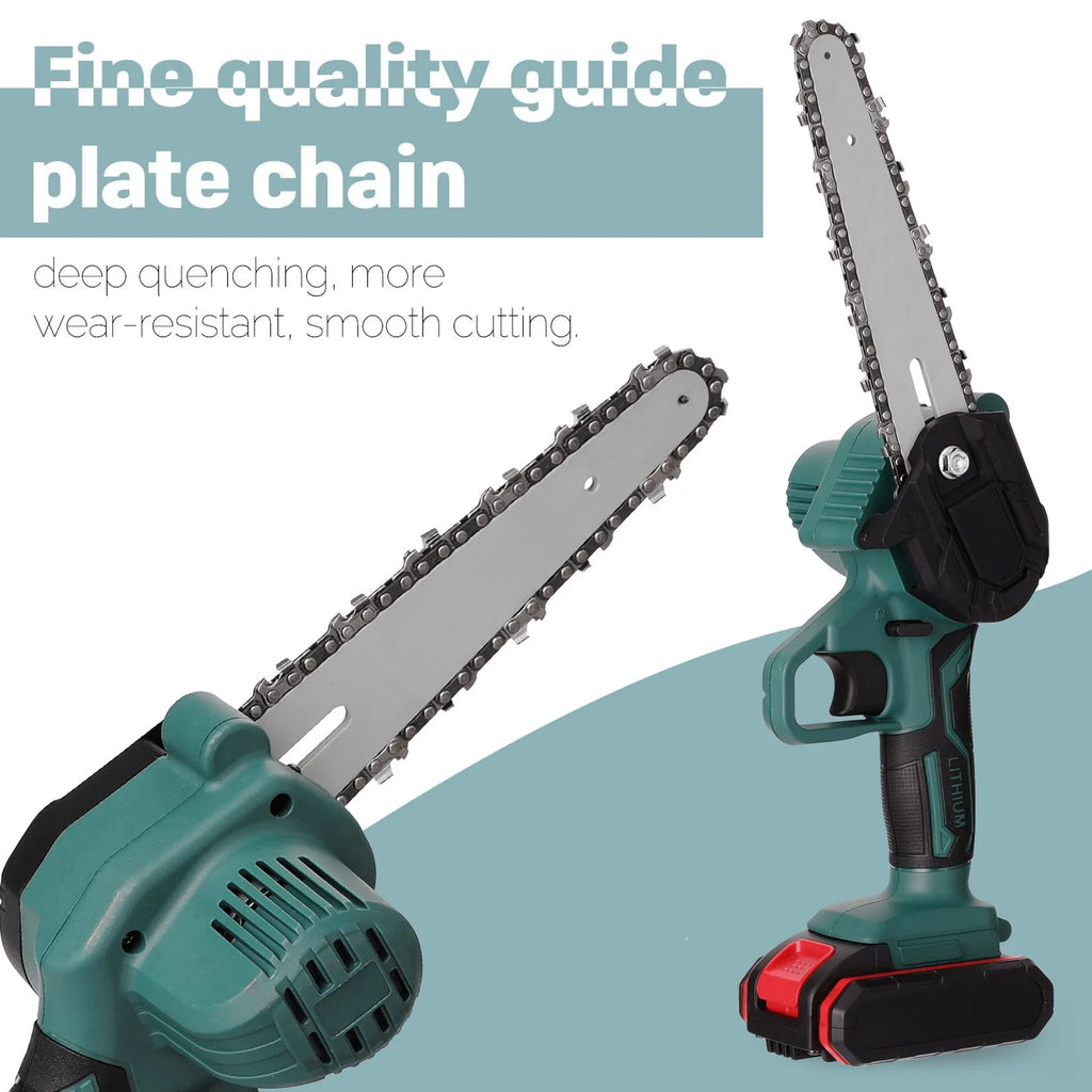 Black mini electric chainsaw with 4-inch guide plate showing compact one-handed design for portable wood cutting