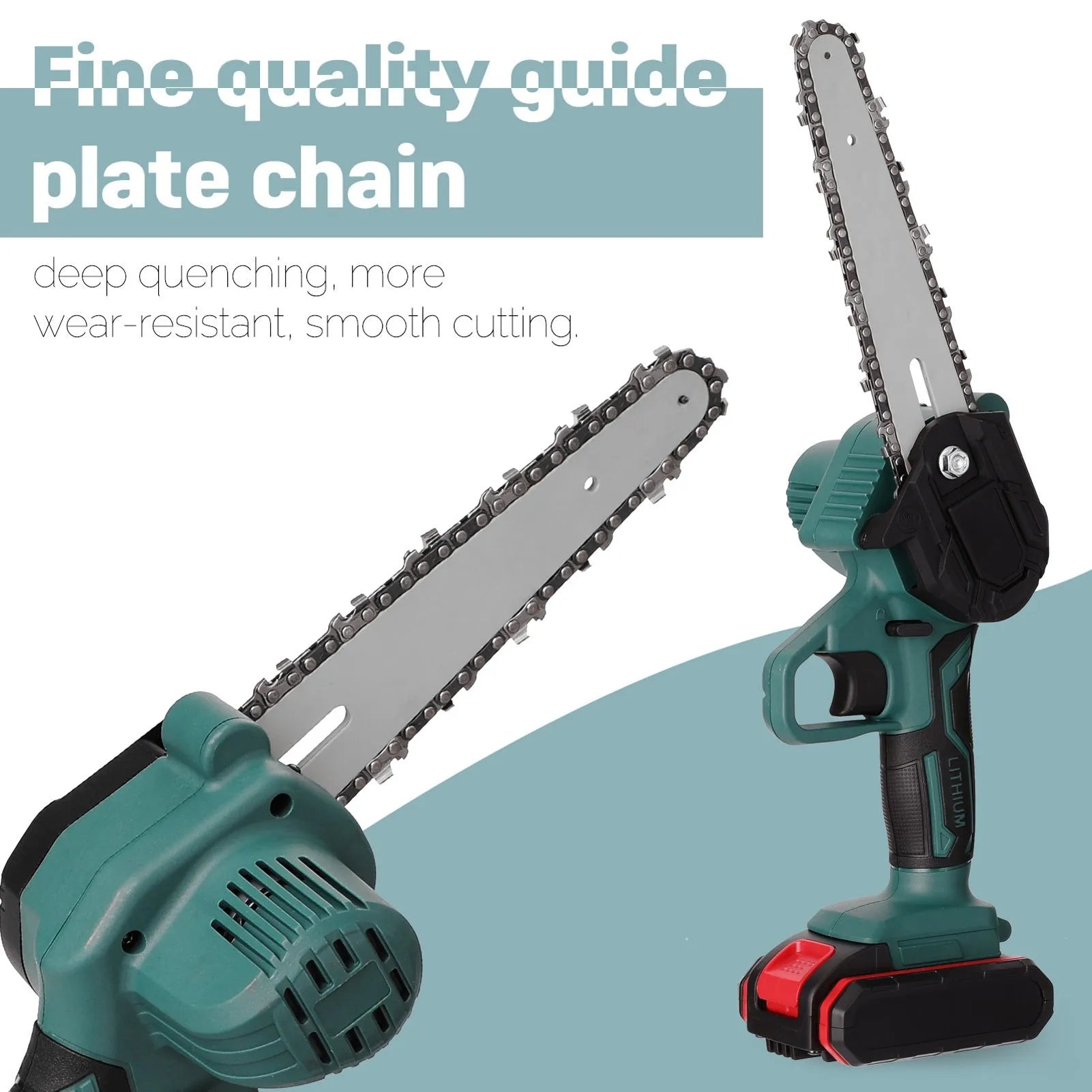 Black mini electric chainsaw with 4-inch guide plate showing compact one-handed design for portable wood cutting