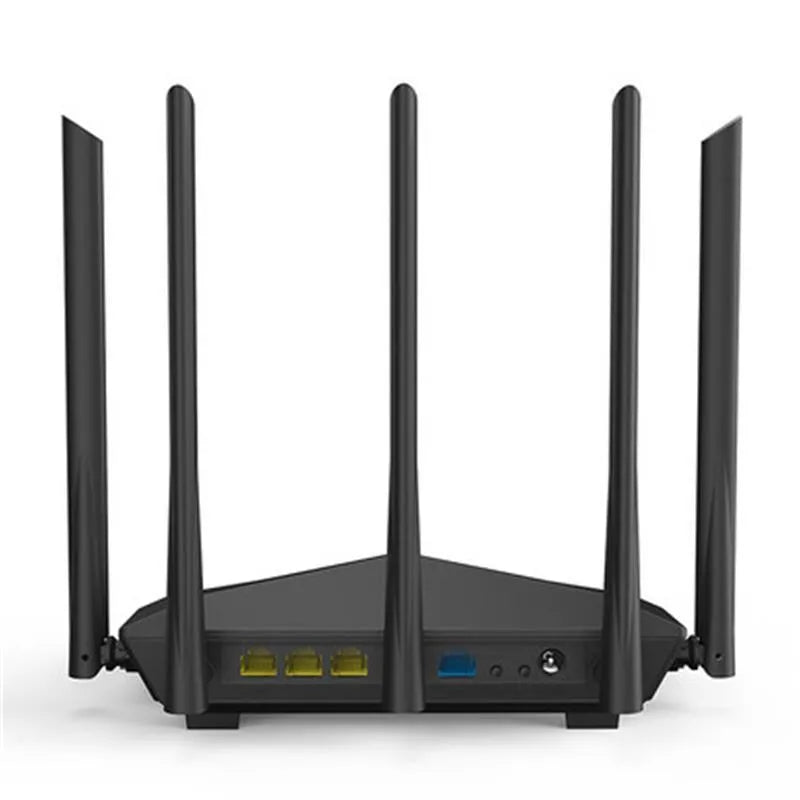 Black AC11 Gigabit wireless router with four network ports and multiple international plug options