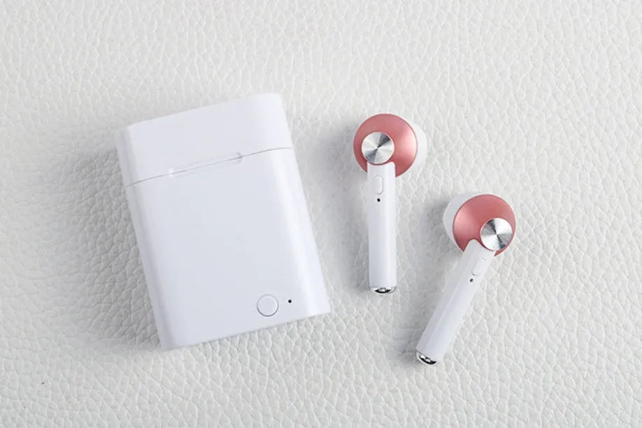 Sports Bluetooth wireless earbuds in black, gold, red, rose gold, or silver colour with 10-metre range and battery display