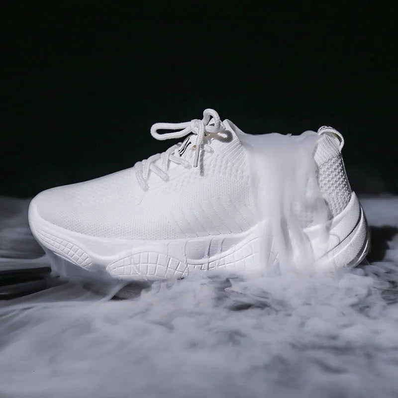 White thick-soled women's casual shoes with woven upper and front strap.