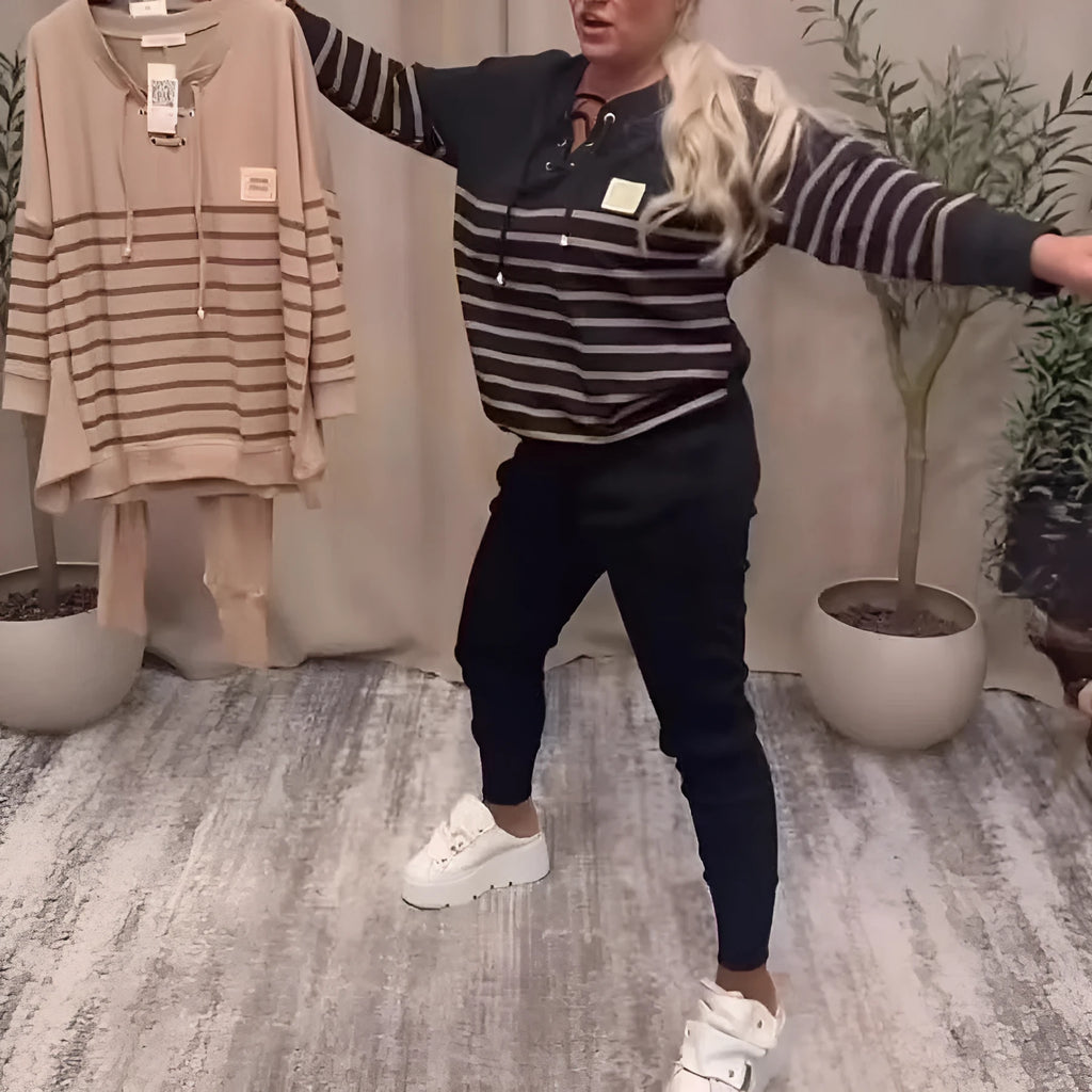 Women's striped two-piece sweatshirt and sweatpants set in black or khaki, loose long sleeve casual outfit, sizes S to XXXL
