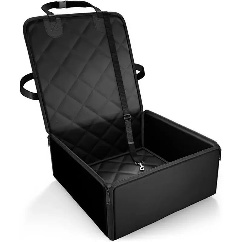 Black car pet pad for dogs on a front seat, showing its non-slip base and 42cm square size.