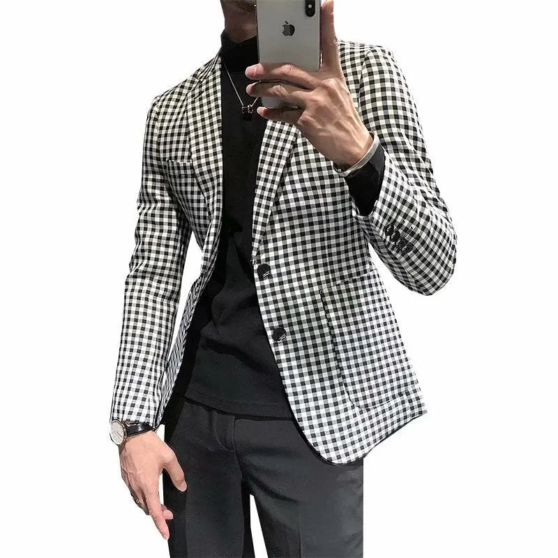 Black and white plaid casual jacket for youth, cotton blend, loose fit, sizes M to 2XL