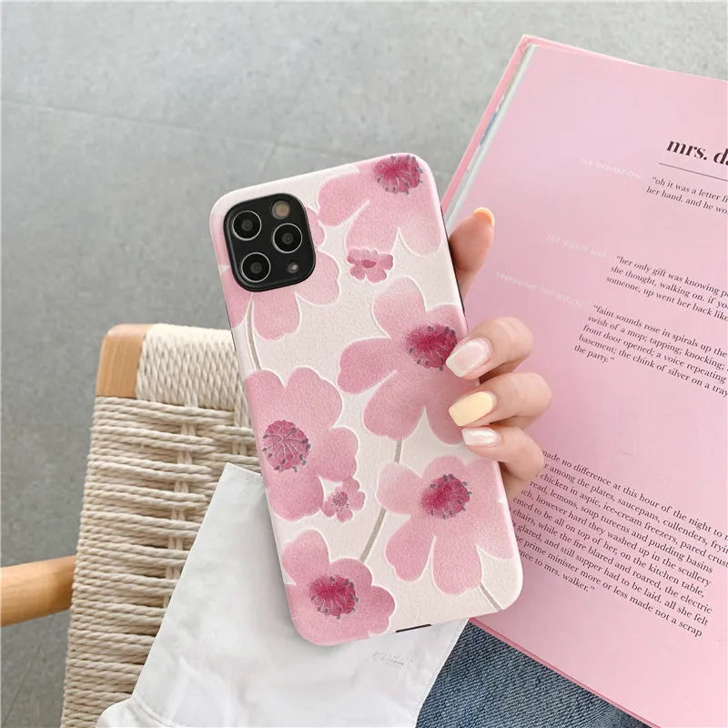 Pink floral soft rubber phone case for iPhone with lanyard hole
