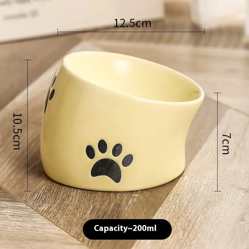 Ceramic cat bowl with neck protection design and cat's paw pattern in selected colour