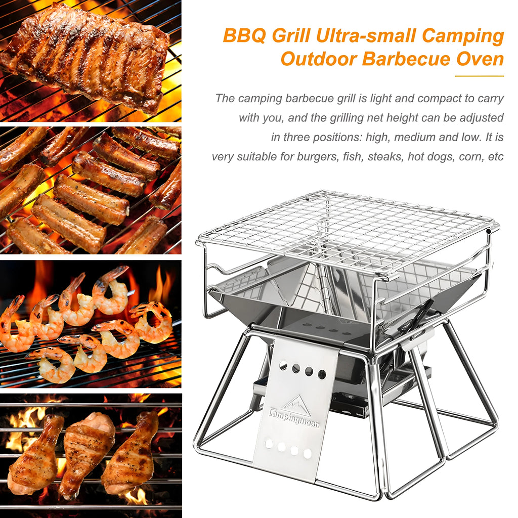 Silver portable folding stainless steel BBQ grill with adjustable height grilling net and carrying case for camping