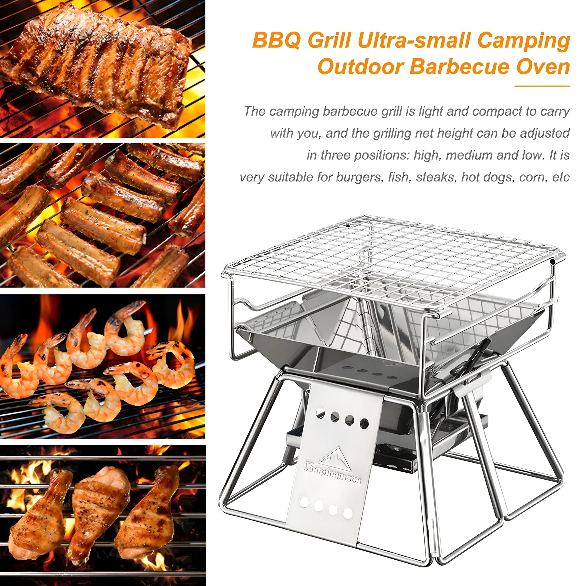 Silver portable folding stainless steel BBQ grill with adjustable height grilling net and carrying case for camping