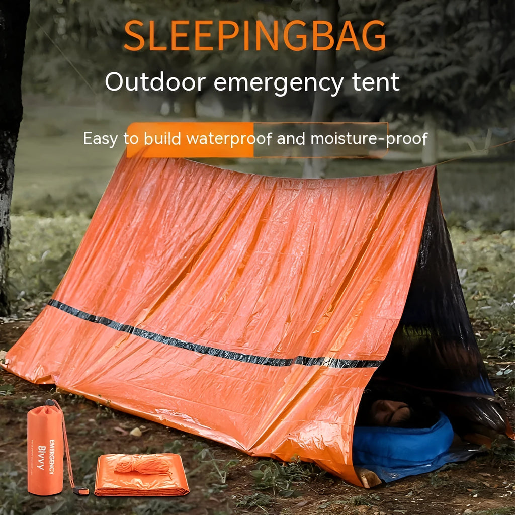Orange and green emergency tents with sleeping bags and survival whistle for outdoor disaster relief