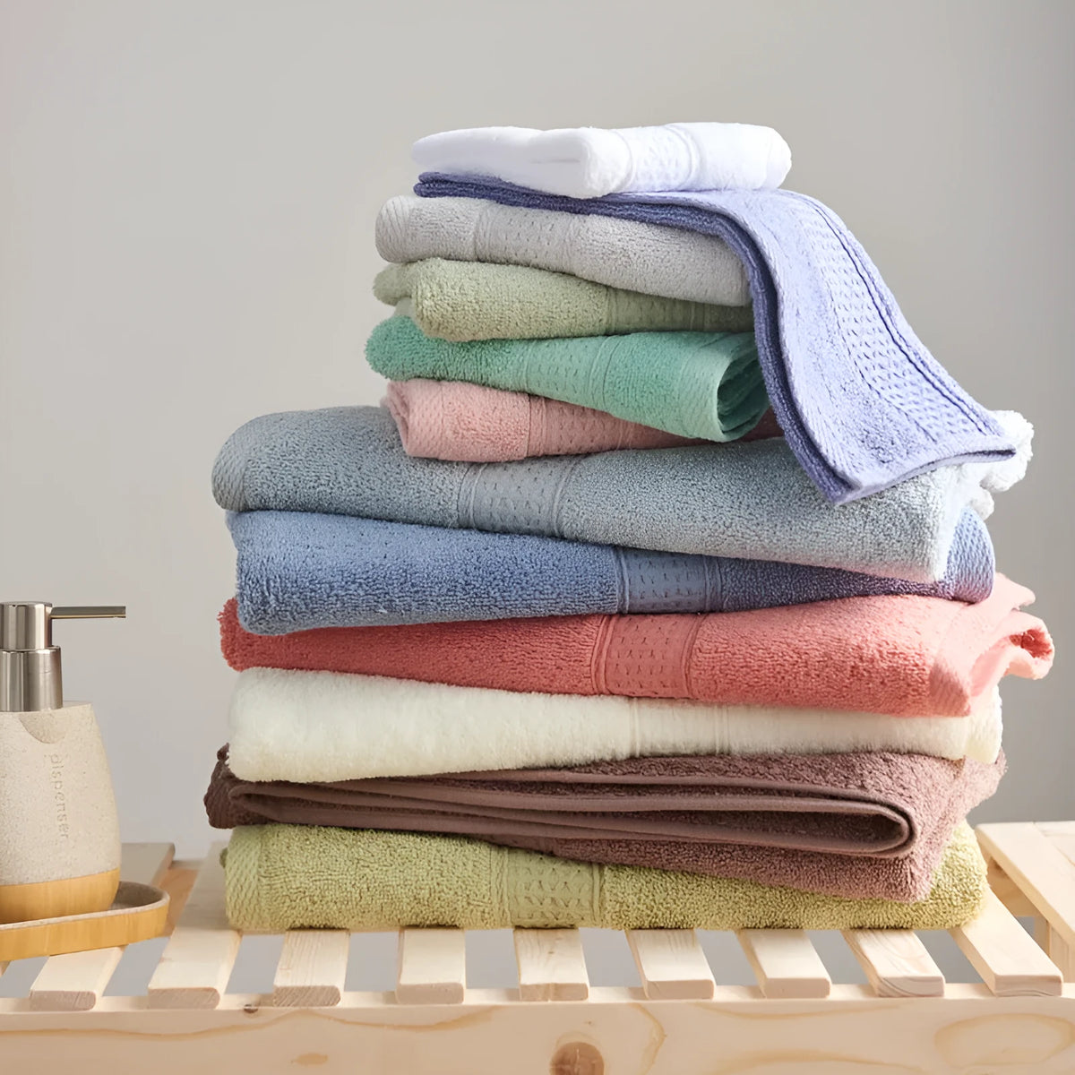 Pure cotton 3-piece towel set with square towel 33cm, hand towel 32x73cm, and bath towel 70x140cm in assorted colours