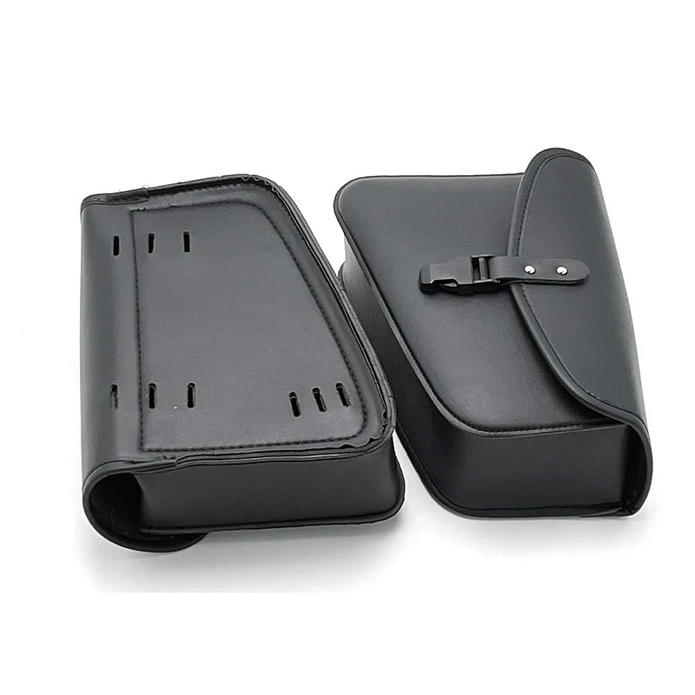 Black PU leather motorcycle swingarm saddlebag mounted on Sportster showing dimensions and mounting position