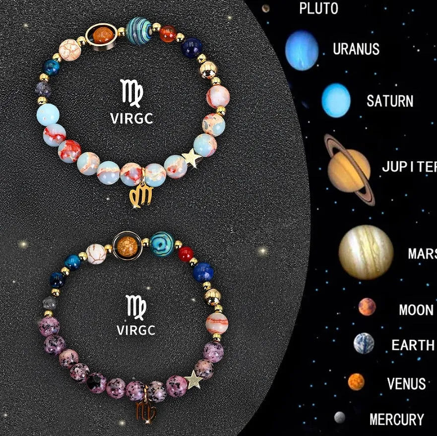 Set of twelve natural stone beaded bracelets, each showing a different zodiac sign design on an elastic cord.