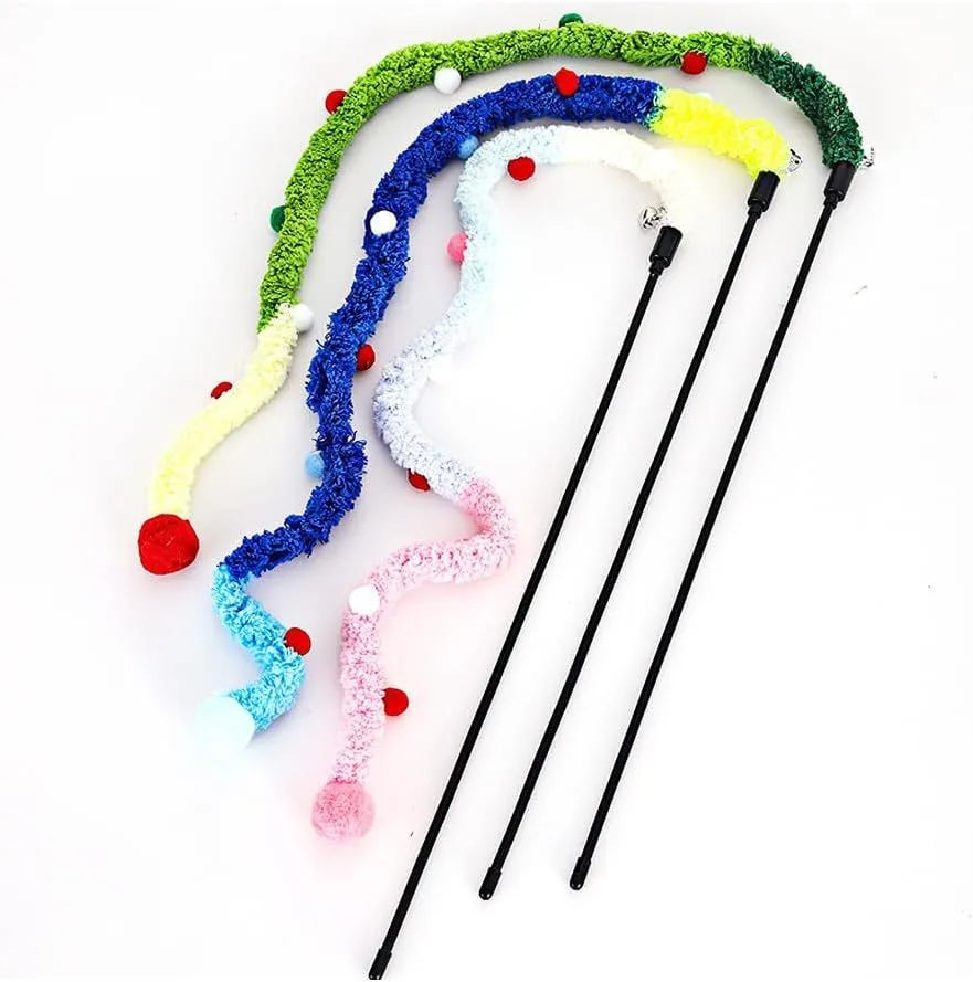 Blue interactive cat teaser wand with long plush strip, fluffy ball, and bell on a 41cm pole.