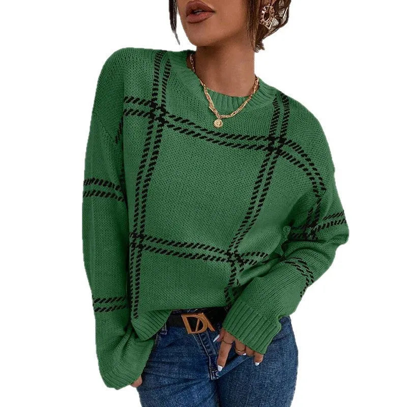 Women's casual plaid colour-block crew neck sweater with apricot, black, beige, red and green stripes