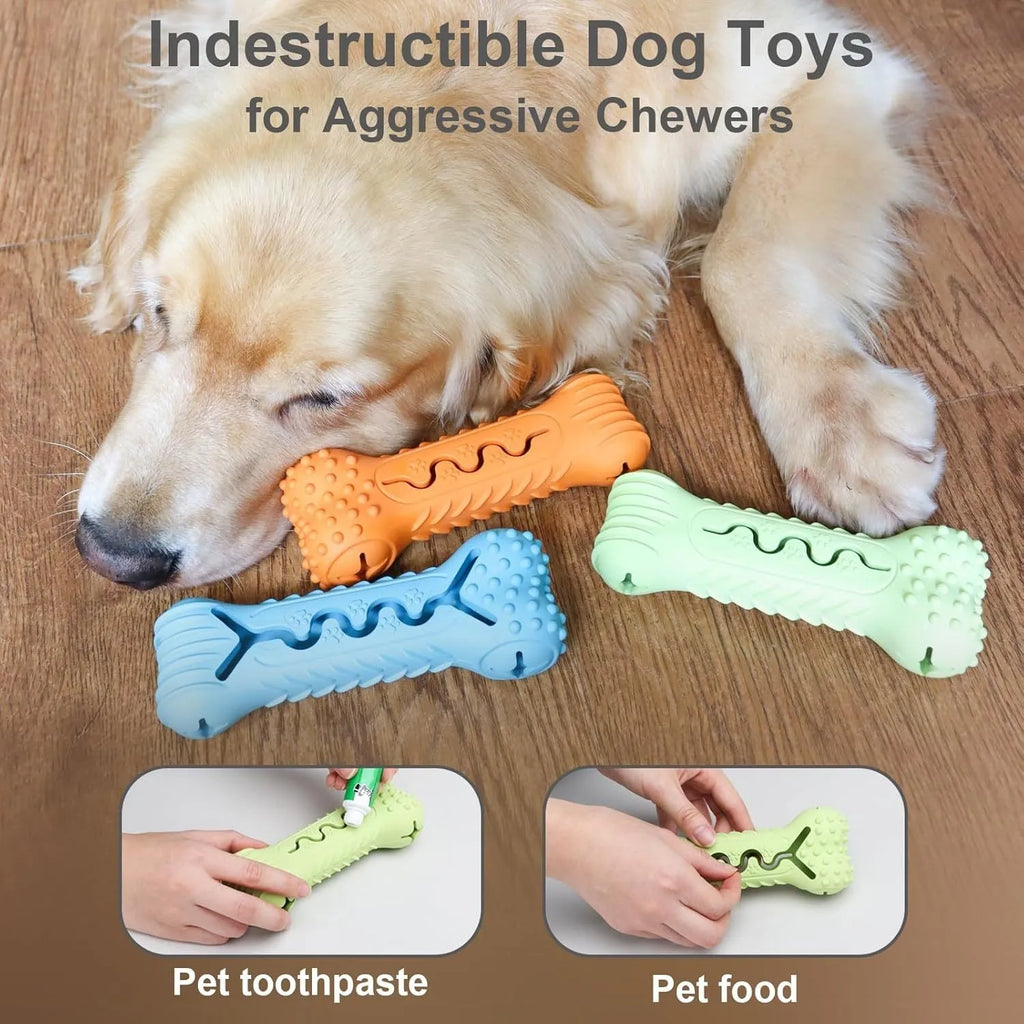 Blue durable natural rubber bone-shaped dog chew toy on a plain background