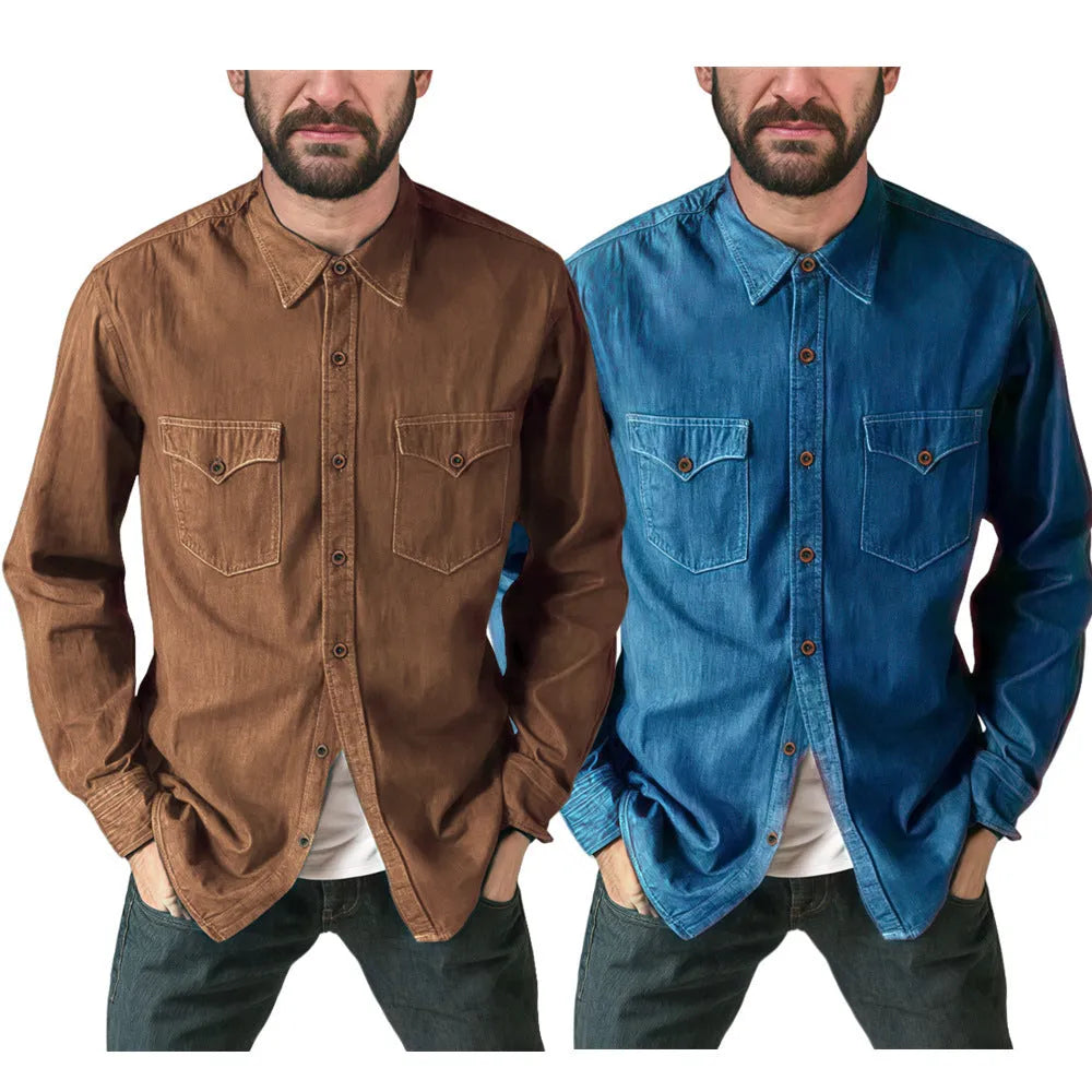 A man's regular fit denim cardigan coat in a khaki colour, shown on a hanger.
