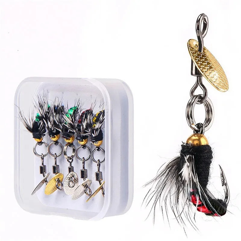 Five bionic mosquito hook fishing lures with spinning sequins for trout and perch fishing