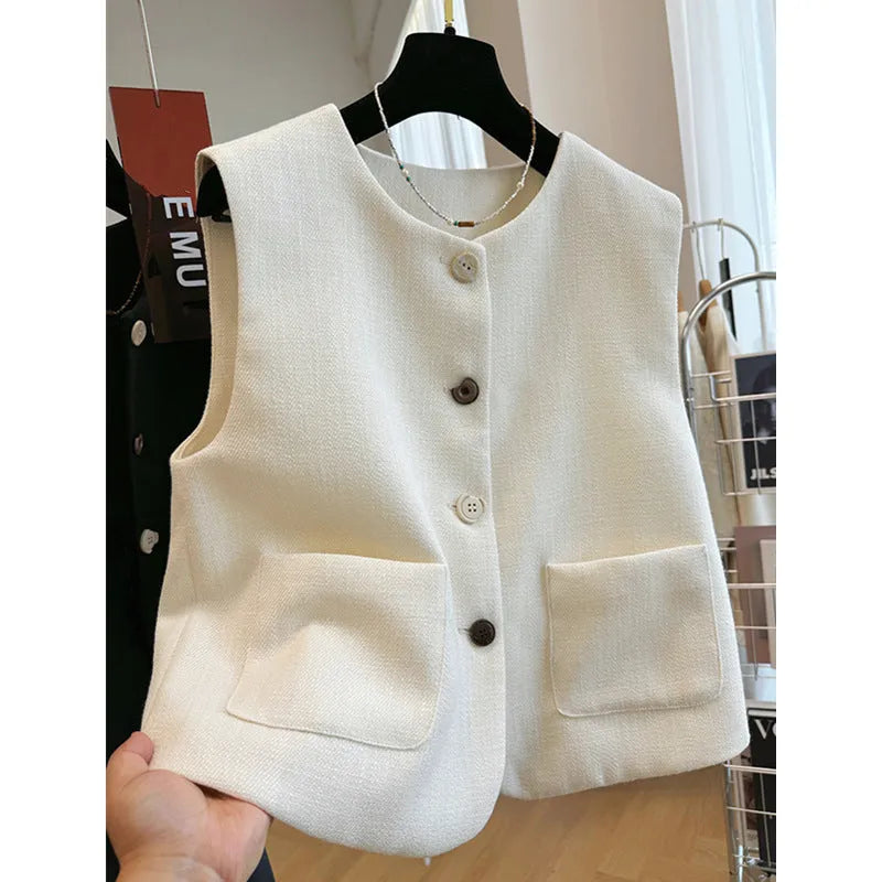 Women's sleeveless round neck vest in French bandage style, polyester fabric in milky white colour