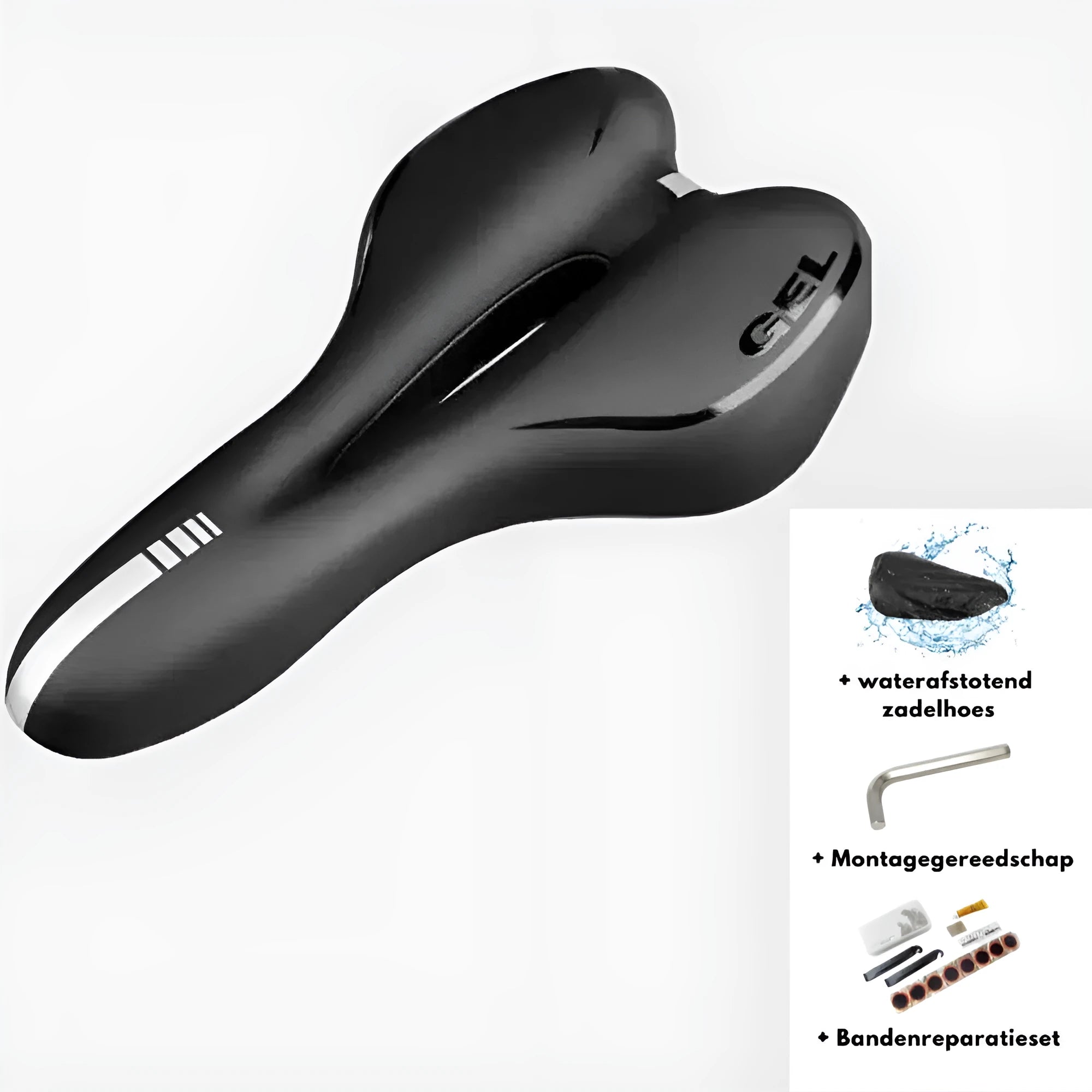 Thickened soft silicone bicycle saddle cushion with PU leather cover, shown with a waterproof cover and repair tools.