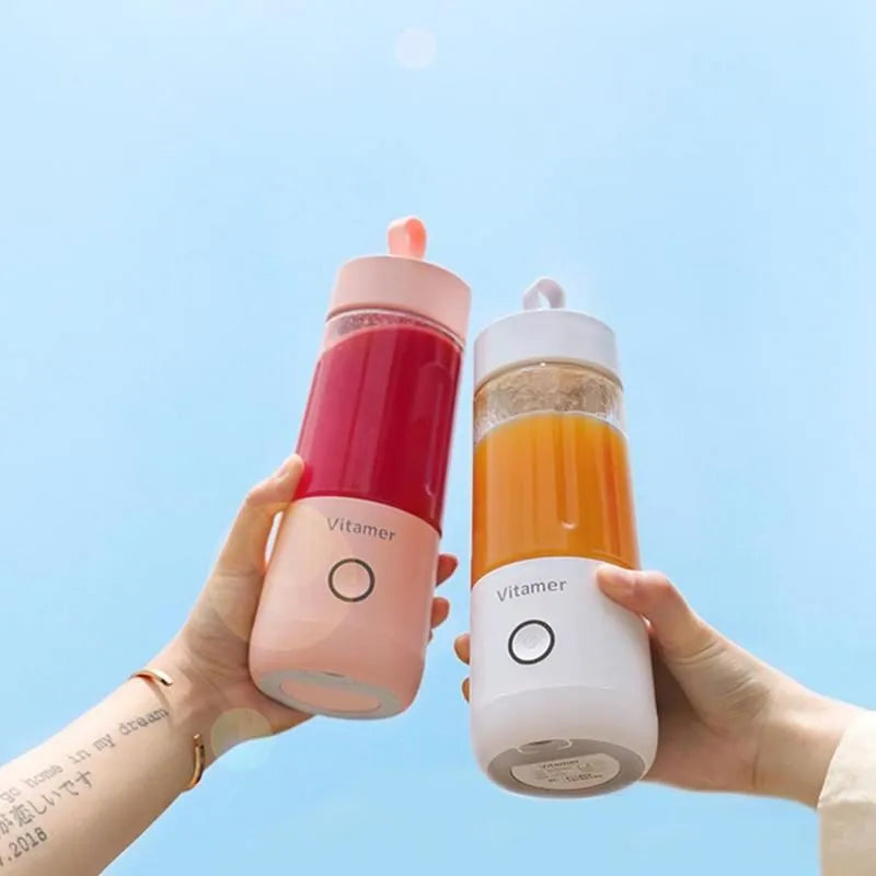 White portable USB blender bottle with silicone ring, 350ml capacity, and stainless steel blade on base.