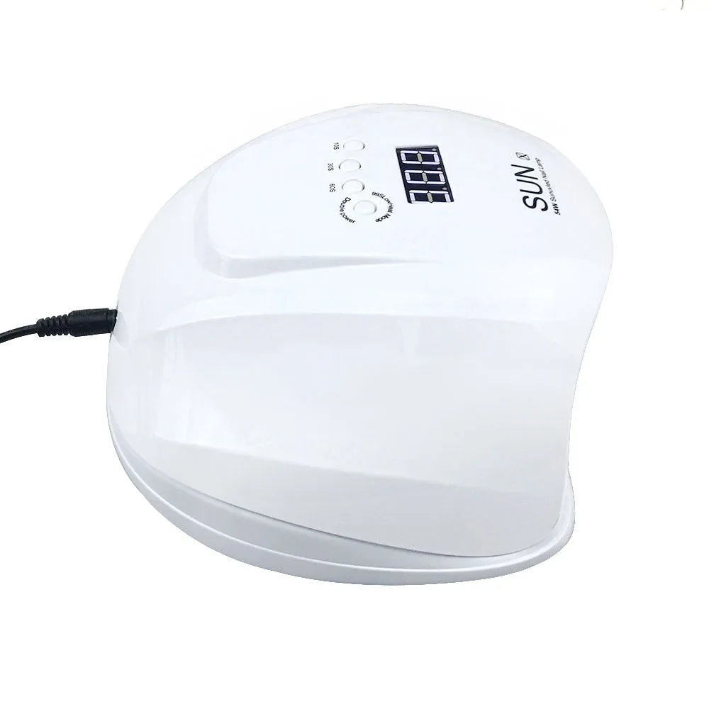 54W UV LED nail lamp dryer with EU plug on white desk, compact design for gel nail curing