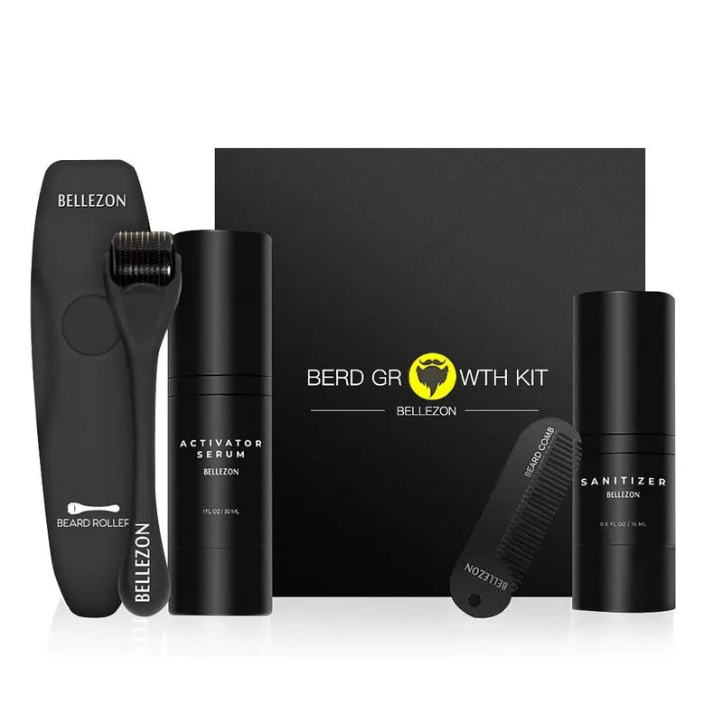 Black beard care kit with titanium alloy micro-needle roller, zinc alloy comb, 30ml growth essence and 15ml disinfectant, 21.2cm x 21cm x 4.9cm