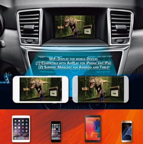 Black car mirror link box Wi-Fi converter with power cable, antenna, AV cable, and user manual for smartphone screen mirroring.