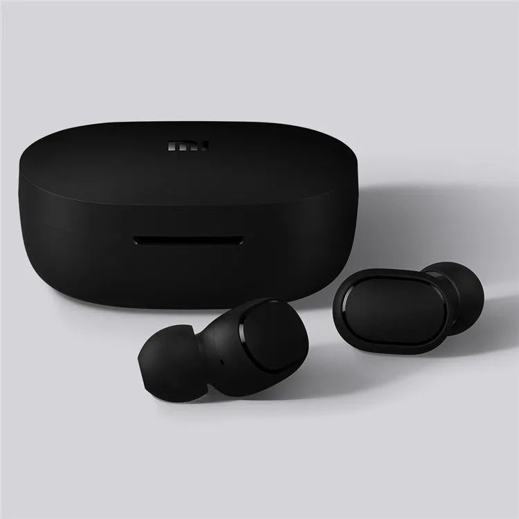 Redmi AirDots 2 black true wireless earbuds and charging case on a white background.