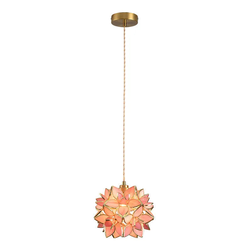 Stained glass hanging chandelier with copper fitting, shown in one of its blue, orange, pink, white or transparent colour options.
