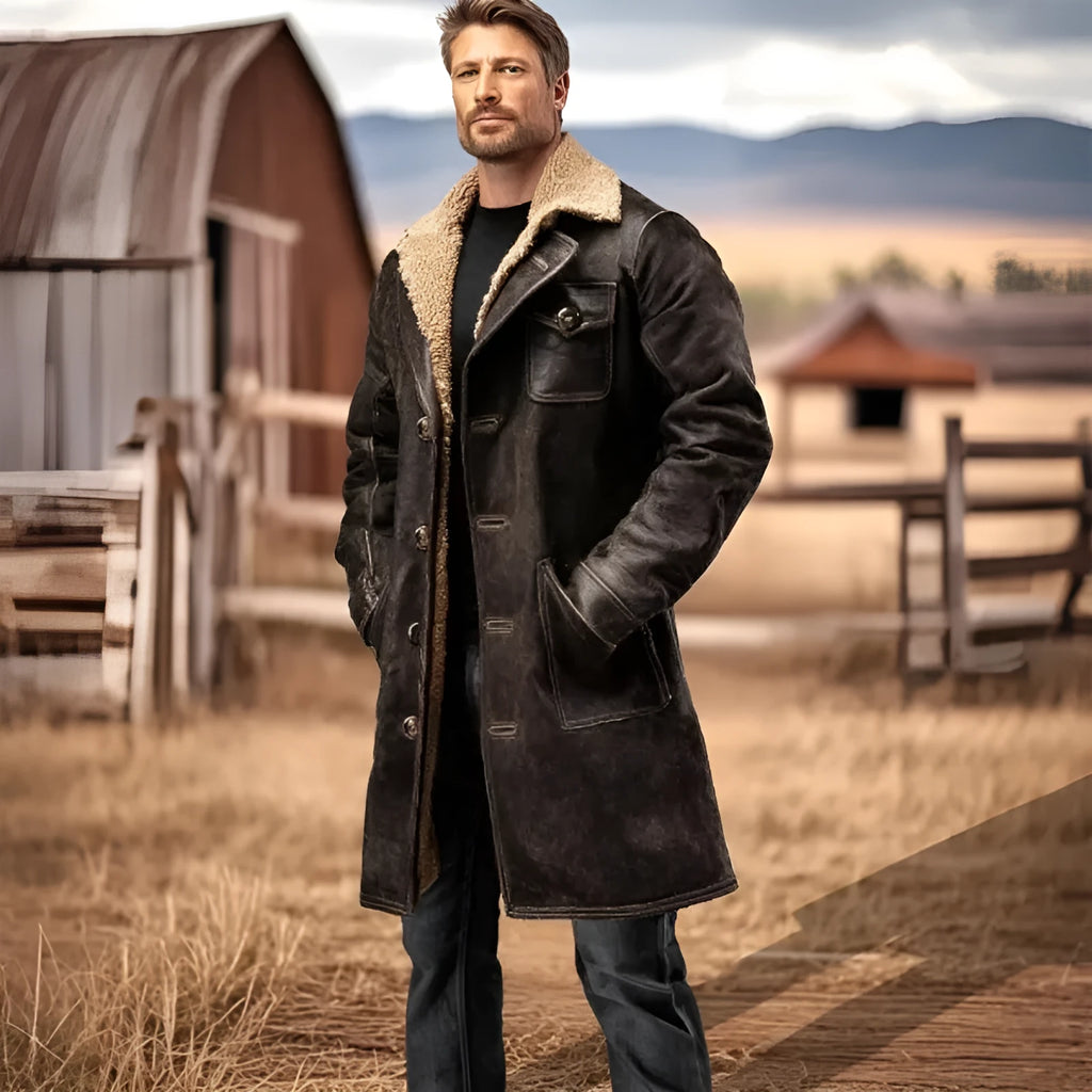 Men's vintage dark brown suede-look casual coat with 80cm length and long sleeves