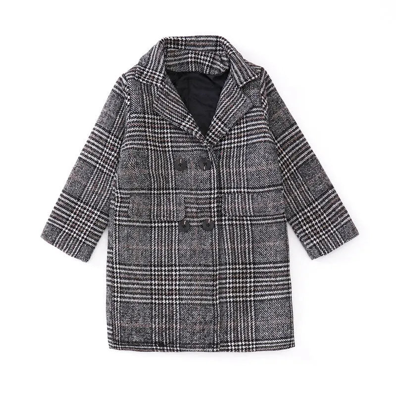 Girls' grey houndstooth plaid coat with suit collar and long sleeves