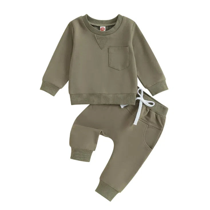 Baby boy wearing dark brown letter print cotton top and trousers suit